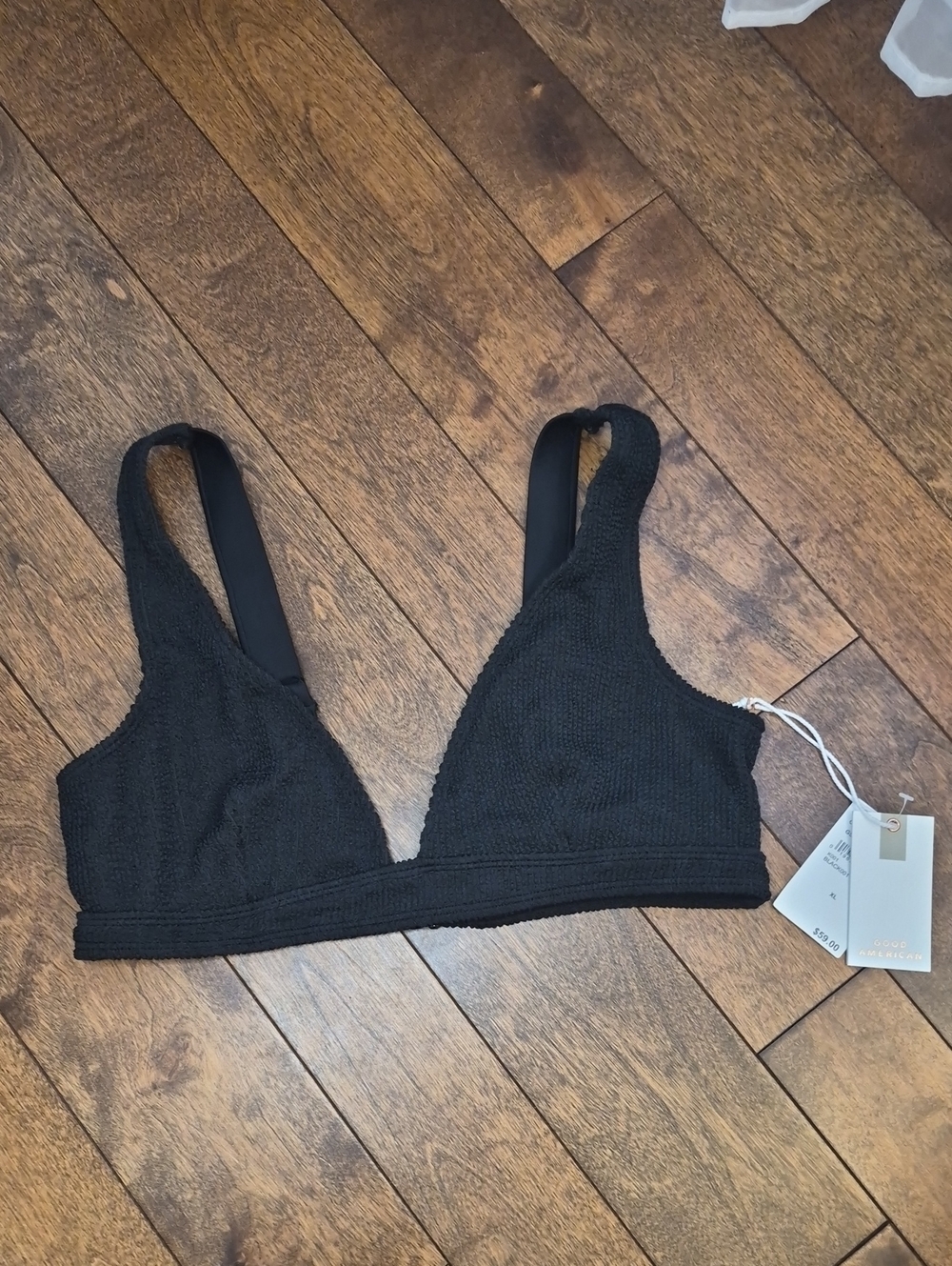 Good American Black Textured Triangle Bathing Suit Top